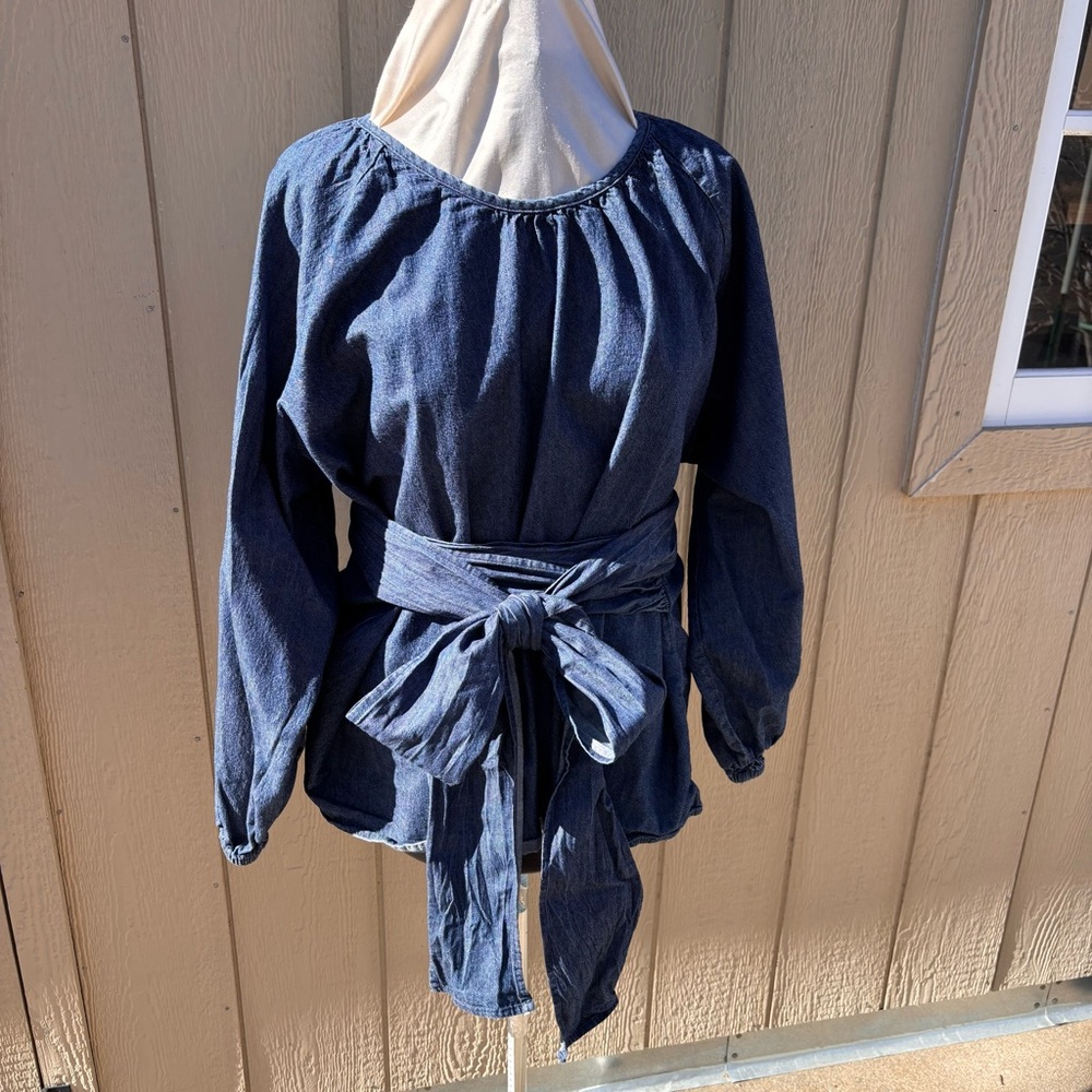 ELOQUII TOP DENIM BLUE BLOUSE BALLOON SLEEVE LONG